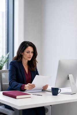 Professional Woman Reviewing Compliance Documents on Computer Screen-2